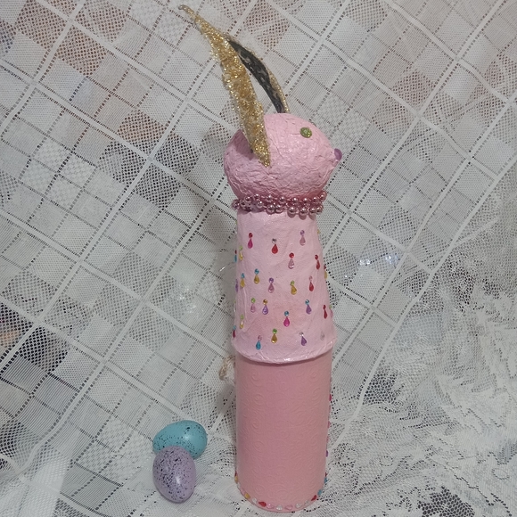 Pastel pink glam easter bunny 17" embellished nesting container OOAK paper mache - Picture 3 of 5